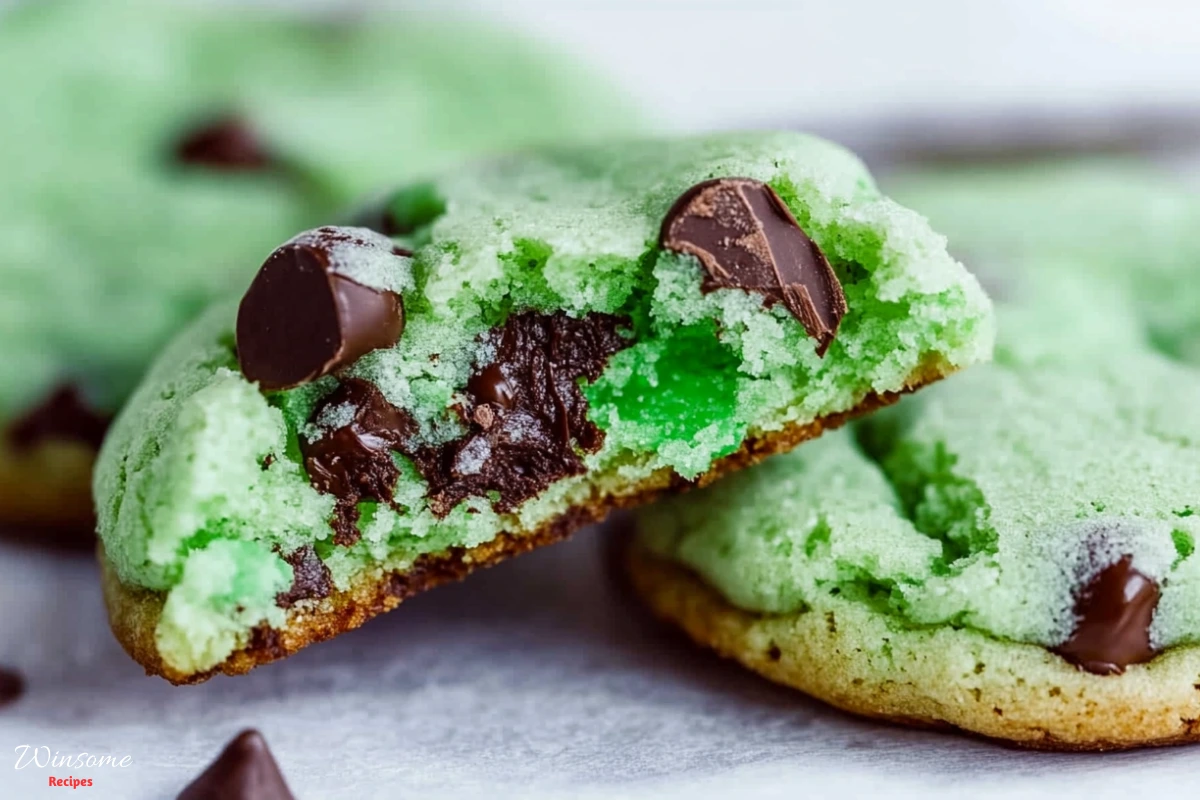 A plate of freshly baked green mint chocolate chip cookies, showcasing their vibrant color and delicious chocolate chunks.