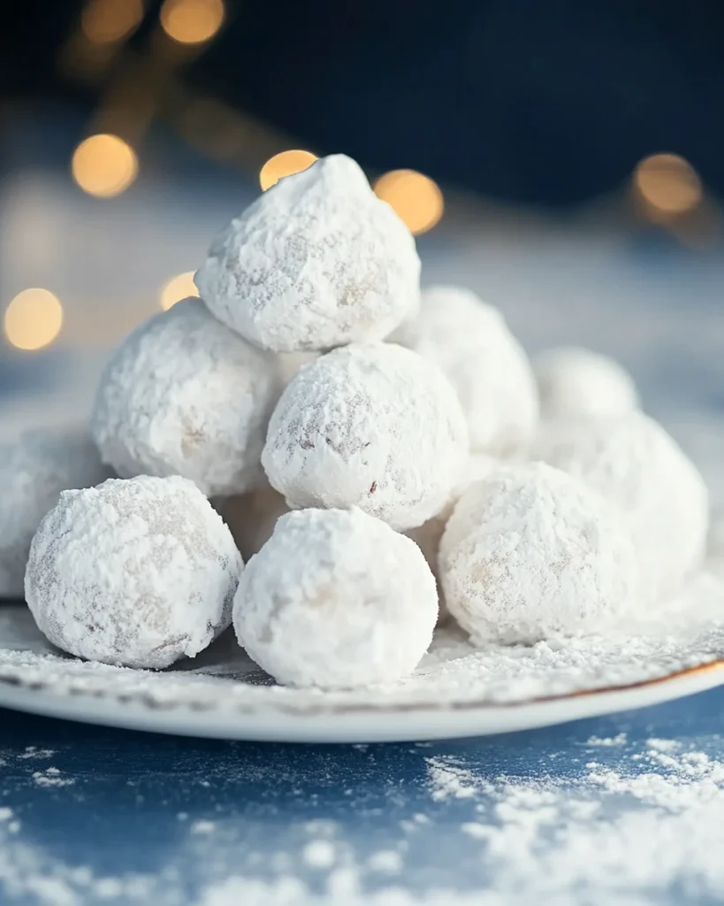 A plate of snowball cookies with pecans dusted in powdered sugar, set on a vibrant blue table.