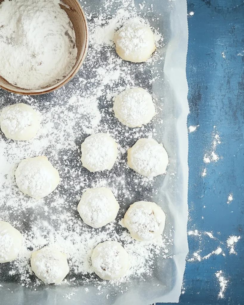 Snowball cookies with pecans dusted in powdered sugar on a baking sheet, ready to be enjoyed.