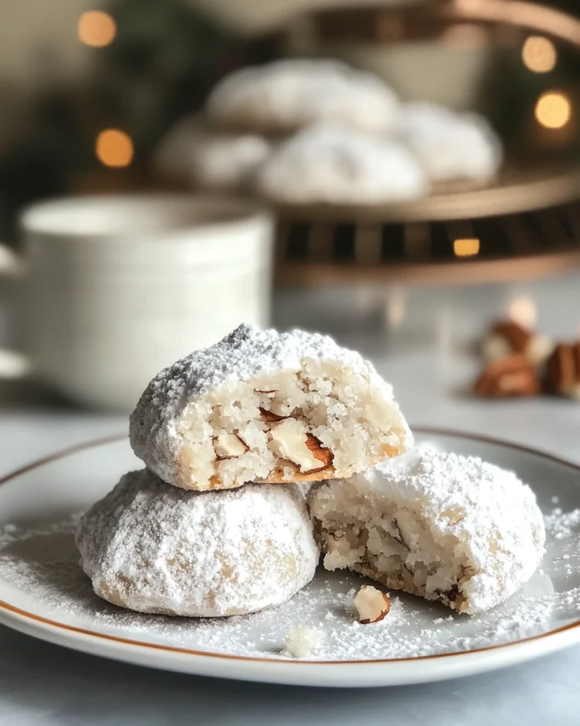 A plate of snowball cookies with pecans dusted in powdered sugar beside a steaming cup of coffee.