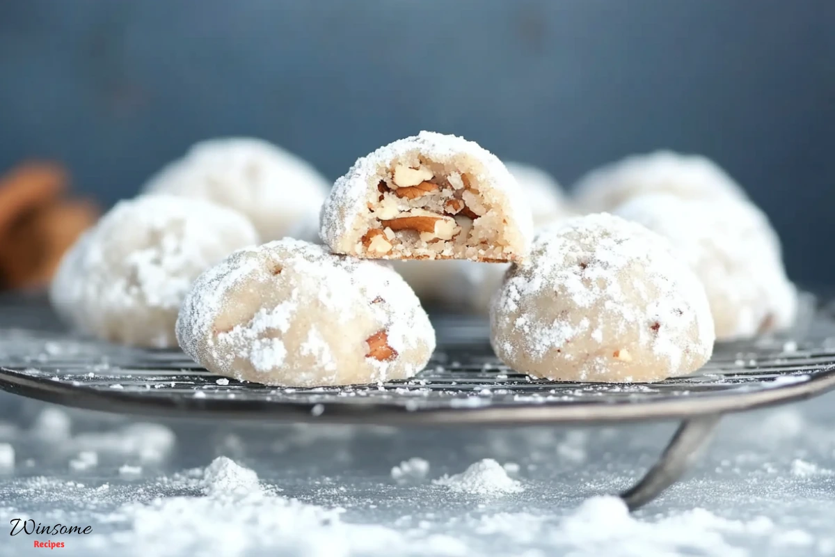 A plate of snowball cookies with pecans dusted with powdered sugar and sprinkled with pecans, inviting and delicious.