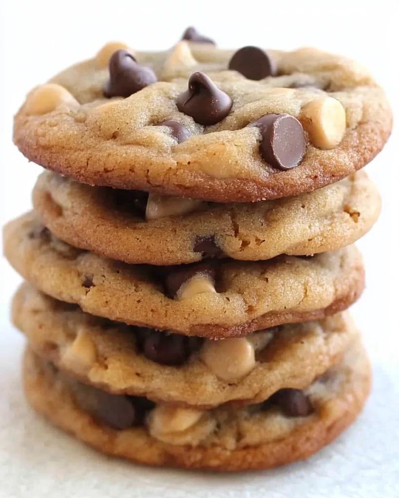 A stack of caramel chocolate chip cookies, featuring visible chocolate chips on top, arranged neatly on a plate.