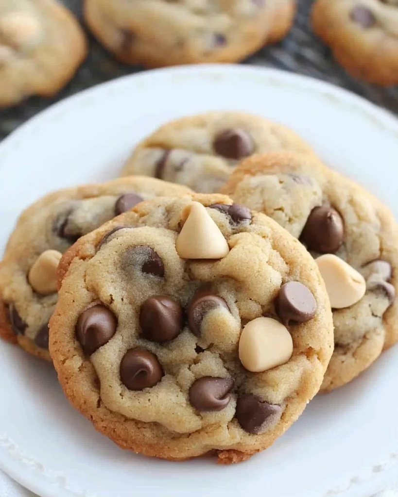 Caramel chocolate chip cookies arranged on a white plate, showcasing their golden-brown color and chocolate chunks.
