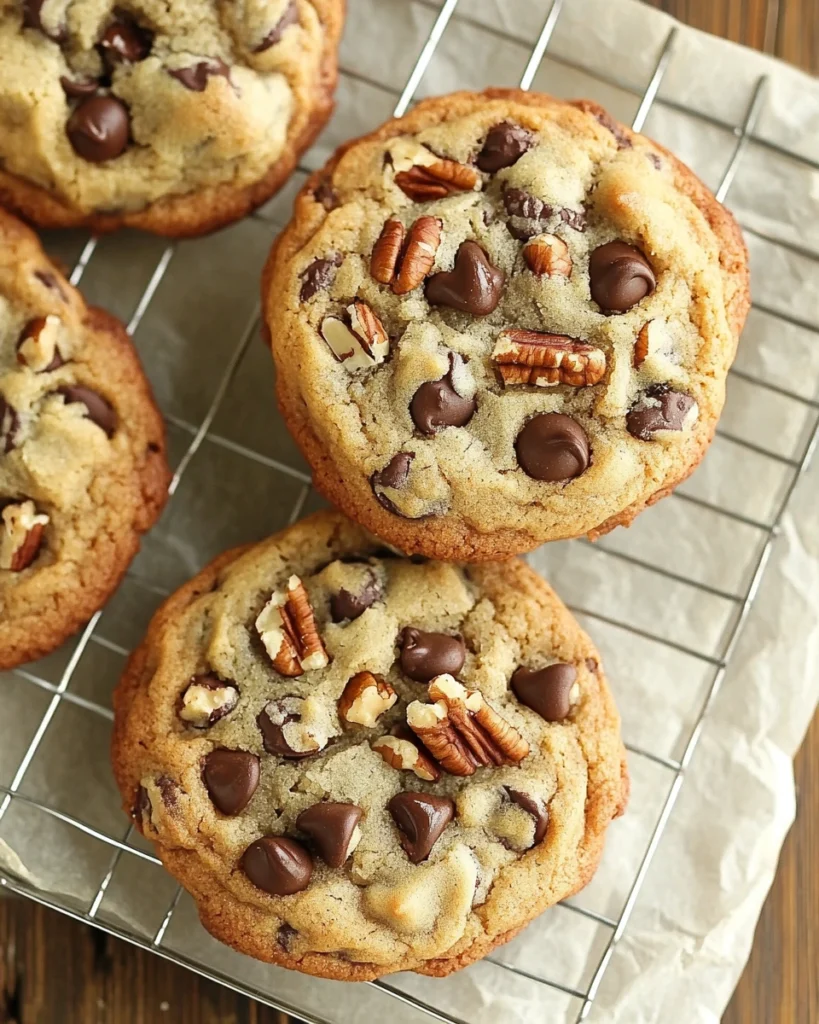 Delicious chocolate chip pecan cookies, featuring gooey chocolate chips and crunchy pecans, freshly baked and golden brown.
