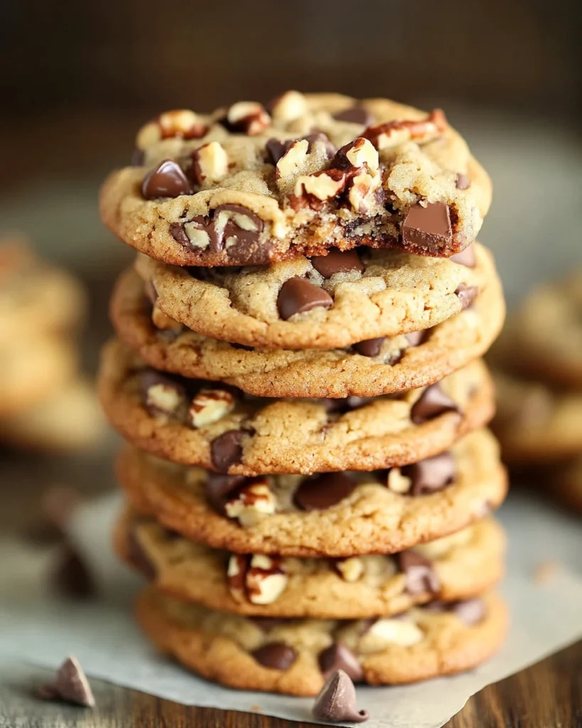 A delicious stack of chocolate chip pecan cookies, golden brown and tempting, ready to be enjoyed.