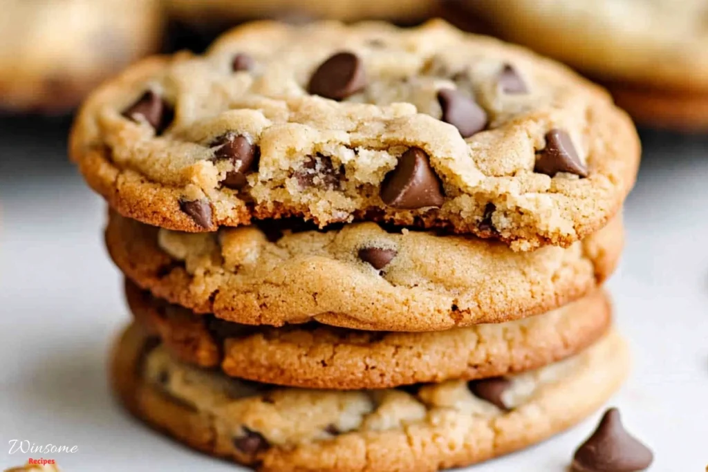 A delicious stack of chocolate chip walnut cookies, topped with gooey chocolate chips, inviting and freshly baked.