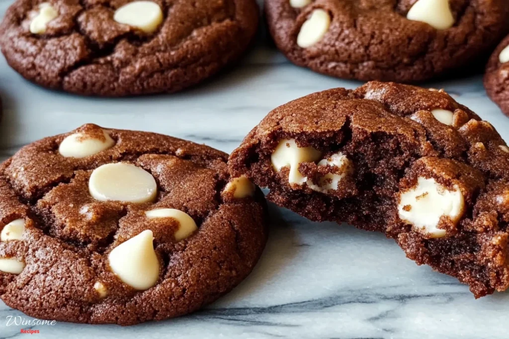 White chocolate chip cookies with a bite taken out, showcasing their soft texture and delicious chocolate chips.