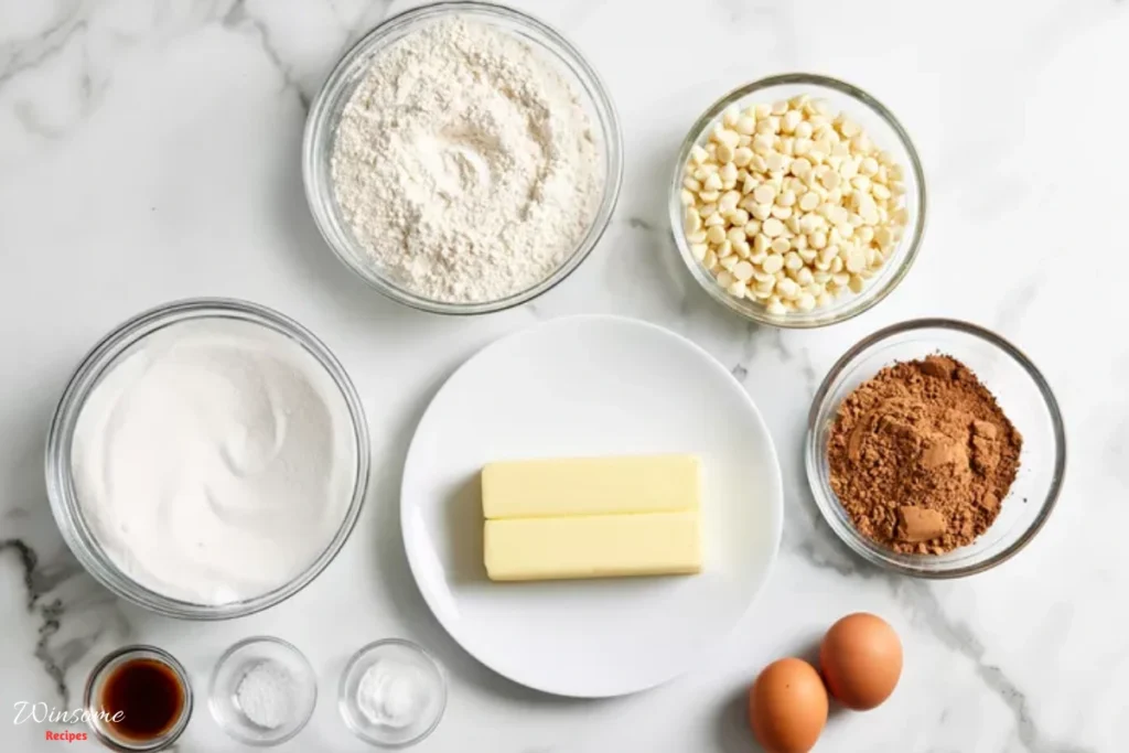 Ingredients for a chocolate cake, including chocolate and white chocolate chip cookies, arranged on a wooden surface.
