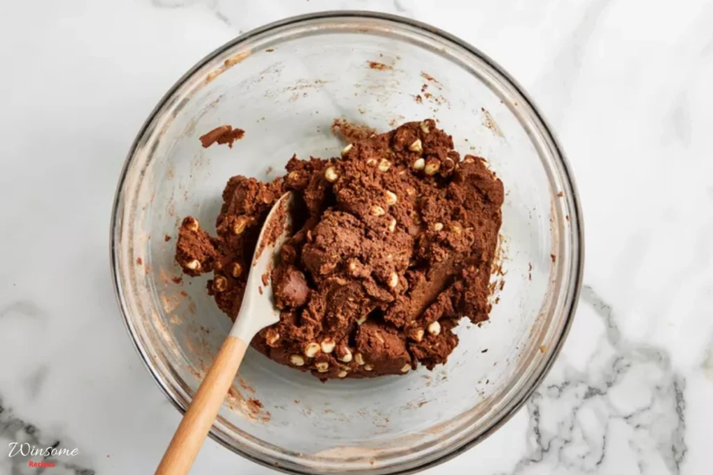 A bowl of chocolate cookie dough with white chocolate chips and a wooden spoon ready for baking delicious cookies.