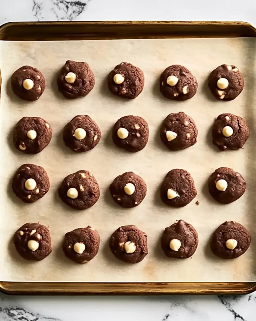 A tray of chocolate chip cookies with white chocolate pieces on a polished marble counter.