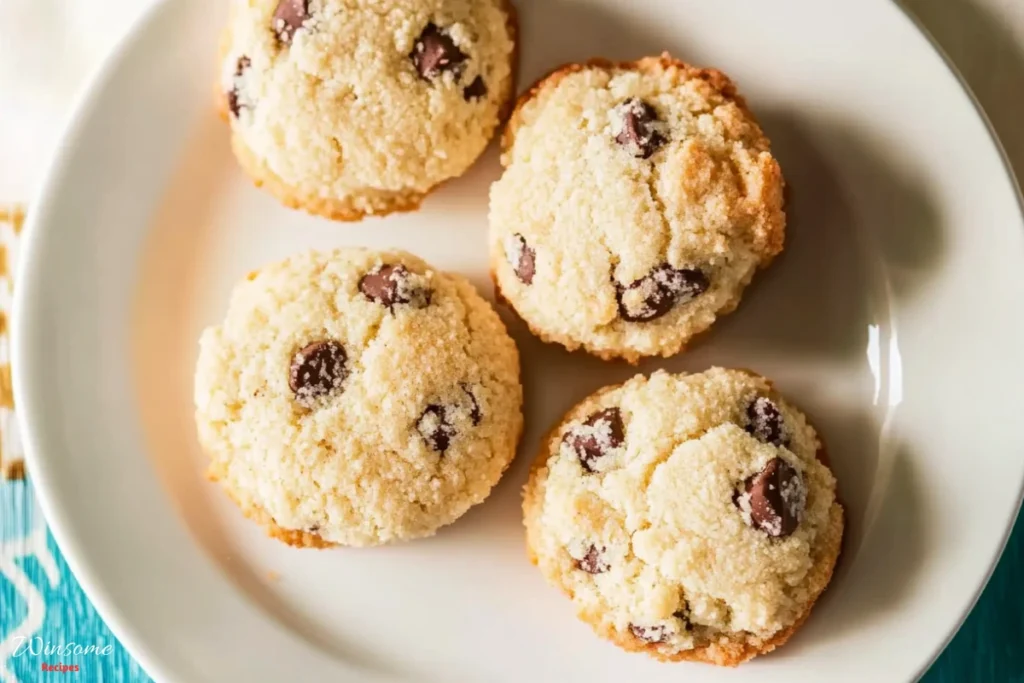 Three coconut chocolate chip cookies arranged on a white plate, showcasing their delicious, golden-brown texture.