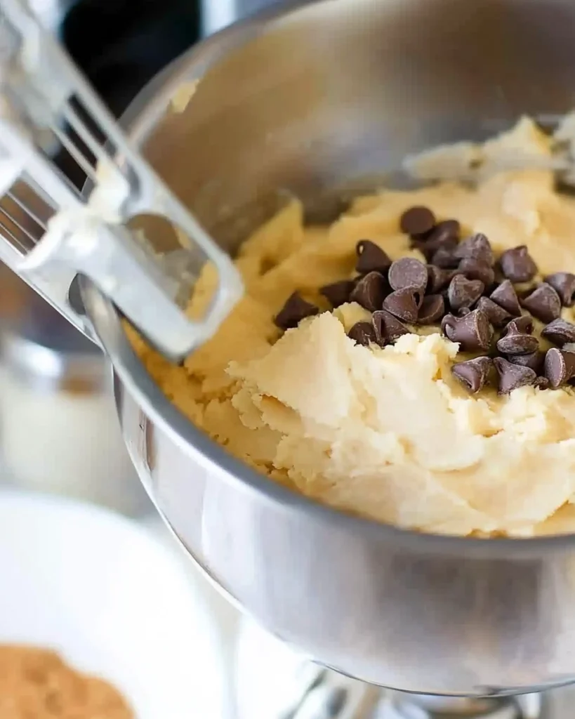 A bowl of chocolate chips and butter in a mixer, ready to create delicious coconut chocolate chip cookies.