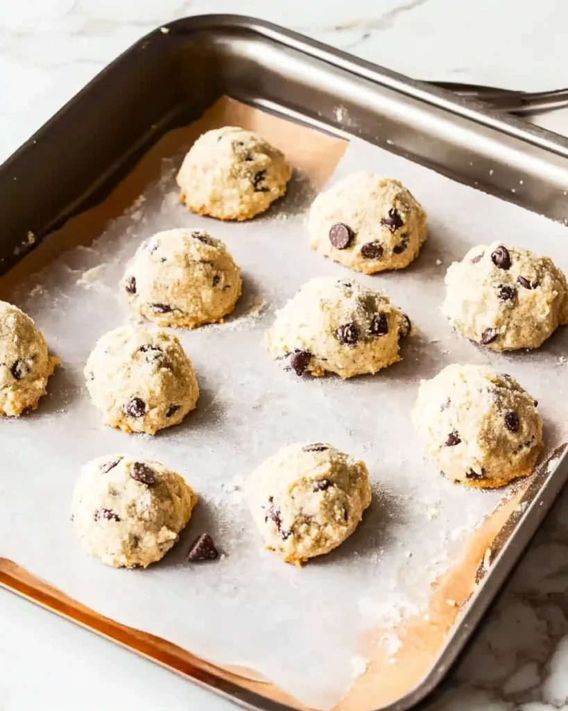 Coconut chocolate chip cookies arranged on a baking sheet, ready to be baked to golden perfection.
