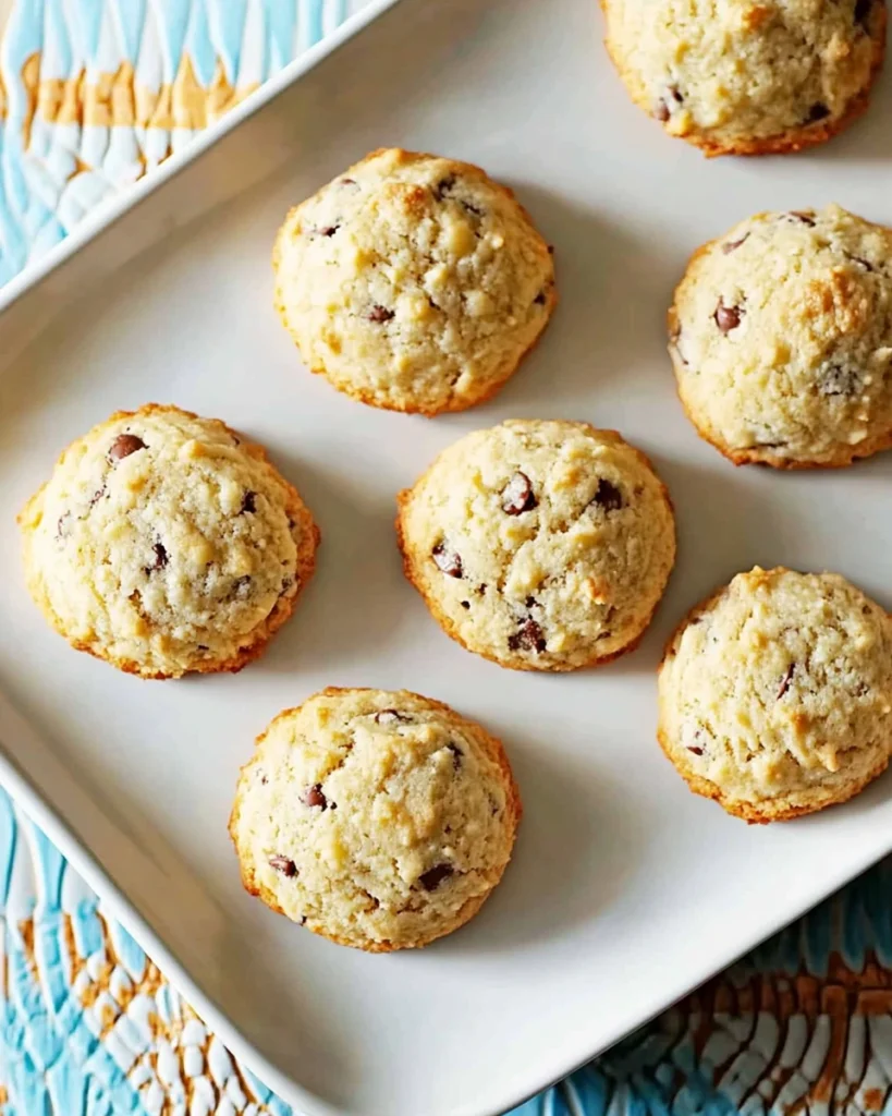 Six coconut chocolate chip cookies arranged on a white plate, set against a blue and white tablecloth.