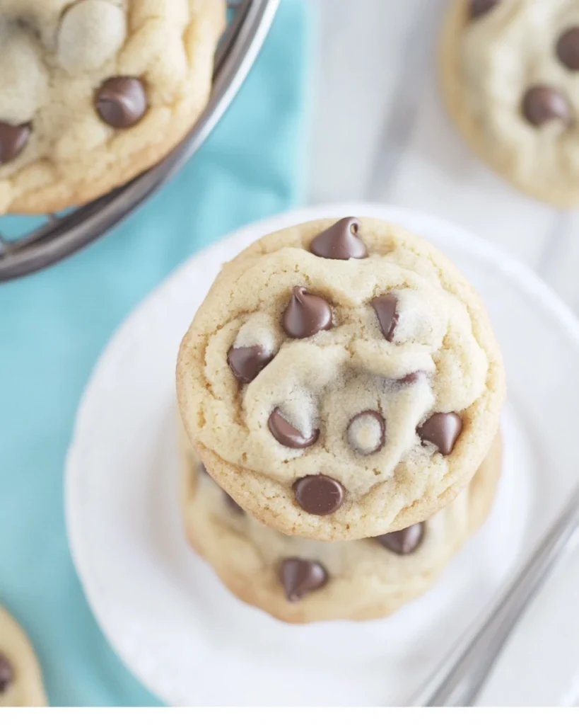 A plate stacked with grandma's freshly baked chocolate chip cookies, golden brown and inviting.