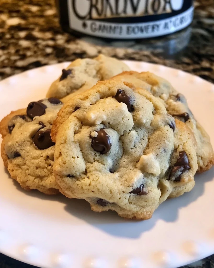 Plate of grandma's chocolate chip cookies beside a bottle of whiskey, creating a cozy and inviting dessert scene.