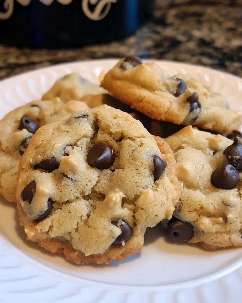 Grandma's chocolate chip cookies arranged on a white plate, showcasing their golden-brown color and chocolate chunks.
