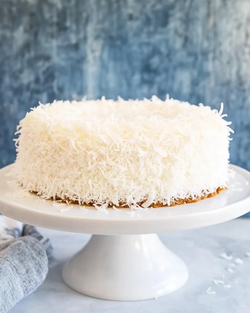 Coconut cake on a white cake stand, inspired by Ina Garten's recipe, showcasing its fluffy texture and coconut topping.
