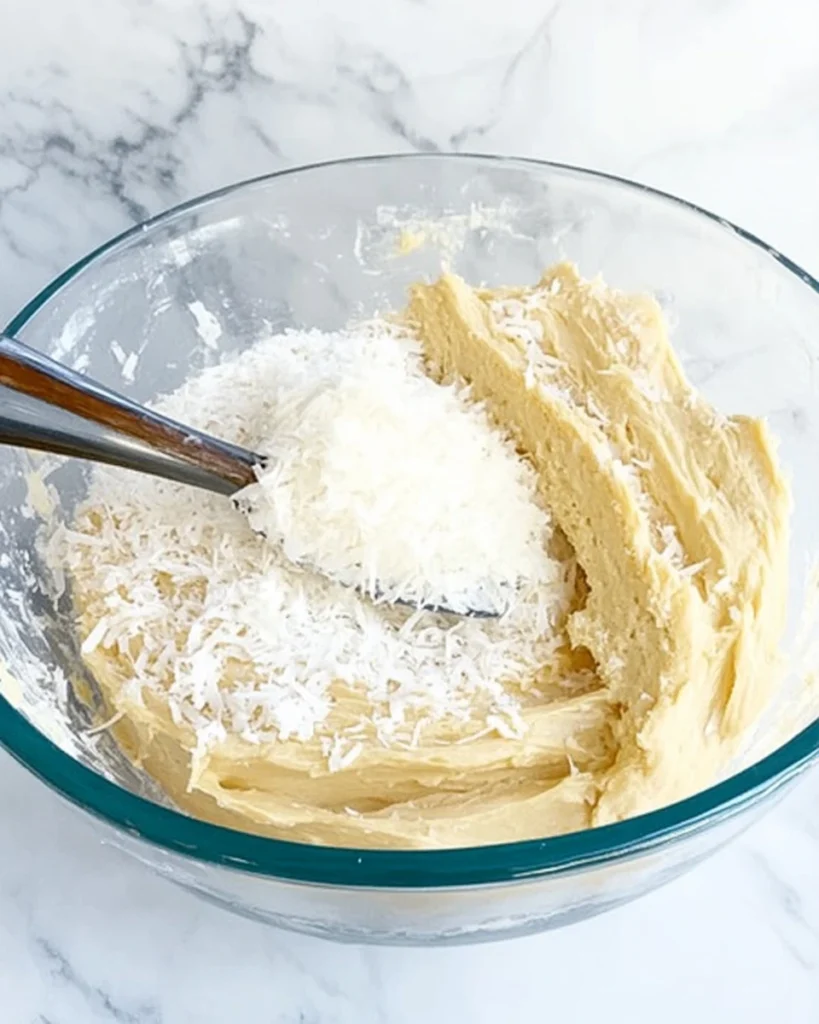 A bowl of coconut cream with a spoon, featured in Ina Garten's coconut cake recipe.