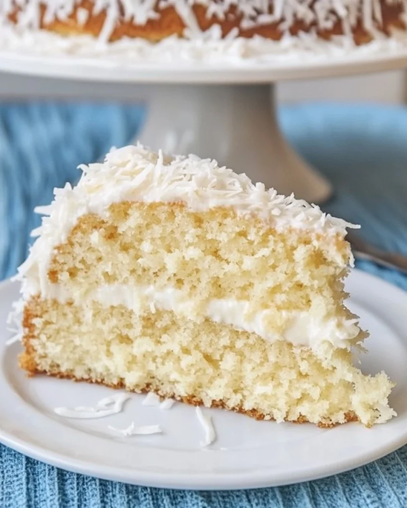A slice of Ina Garten's coconut cake on a white plate, topped with shredded coconut and a light frosting.