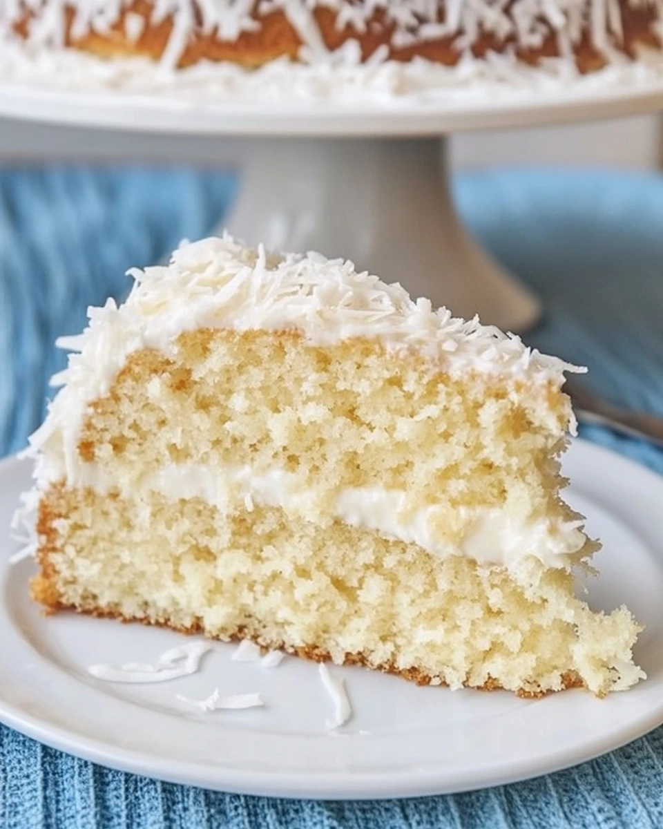 A slice of Ina Garten's coconut cake on a white plate, topped with shredded coconut and a light frosting.