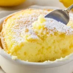 Lemon pudding cake served in a white dish with a spoon beside it.