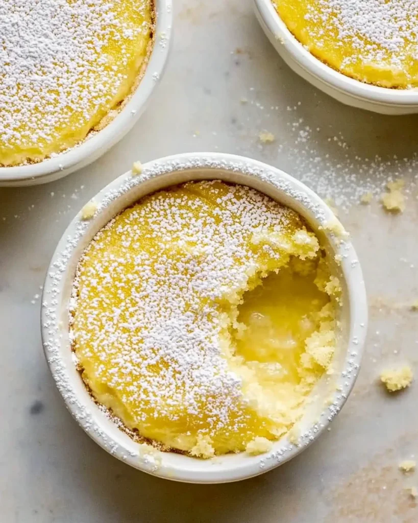 Three small bowls filled with creamy lemon custard, showcasing a delightful lemon pudding cake dessert.