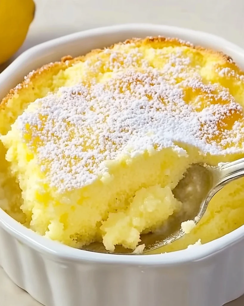 Lemon pudding cake served in a white dish, showcasing a smooth, creamy texture and a bright yellow color.