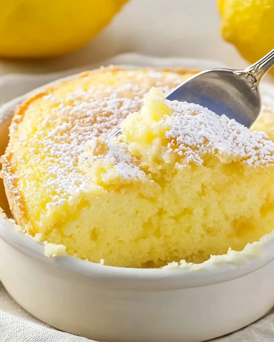 Lemon pudding cake served in a white dish with a spoon beside it.