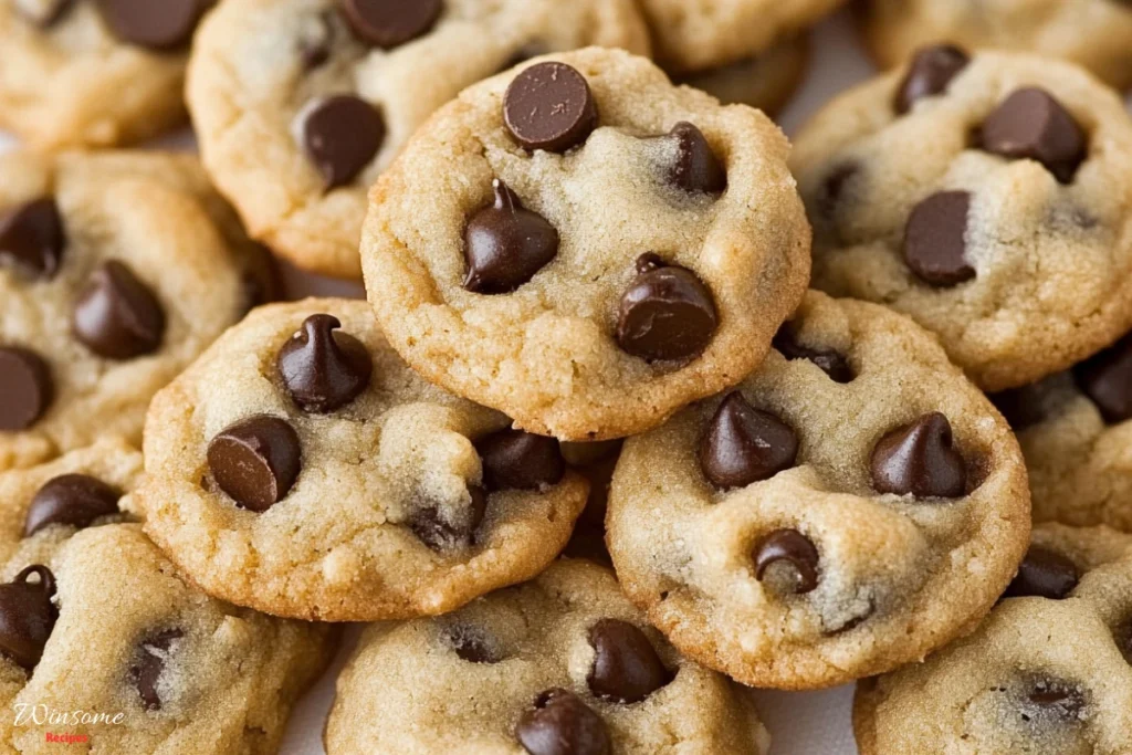A close-up of mini chocolate chip cookies, showcasing their golden-brown texture and rich chocolate chips.