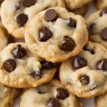 A close-up of mini chocolate chip cookies, showcasing their golden-brown texture and rich chocolate chips.