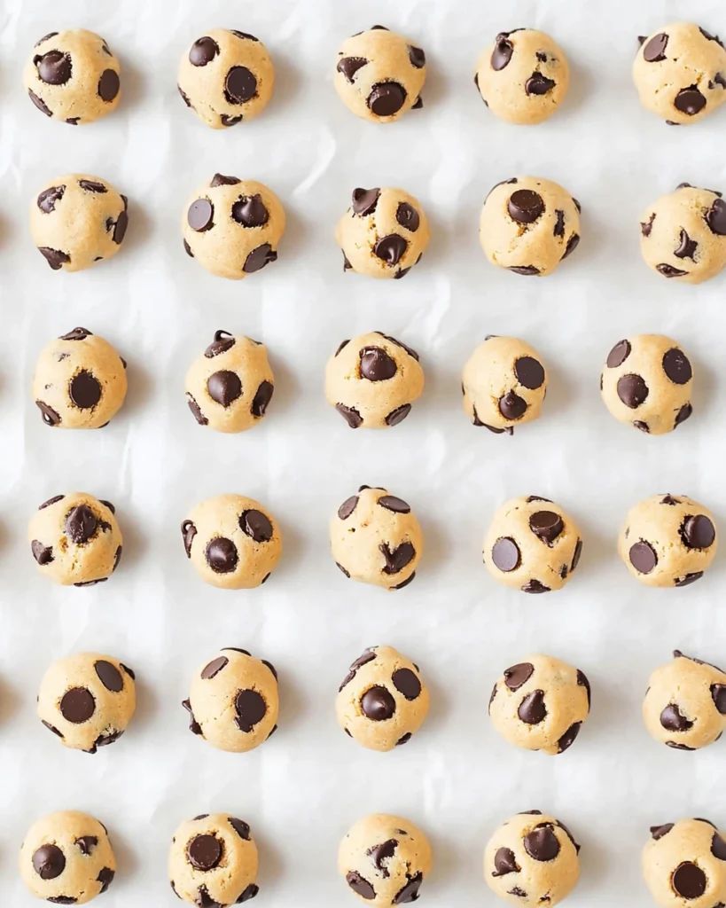 A tray of mini chocolate chip cookies, each adorned with rich chocolate chips, freshly baked and golden brown.