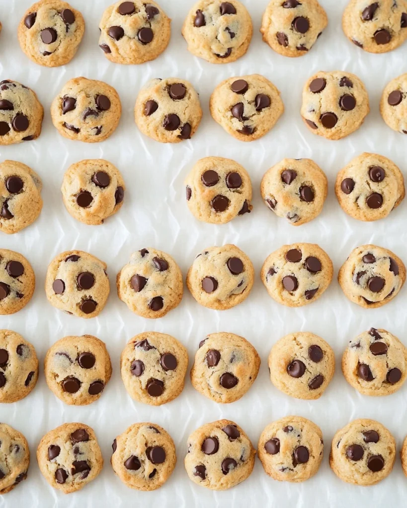 A tray of mini chocolate chip cookies arranged neatly on a white surface.
