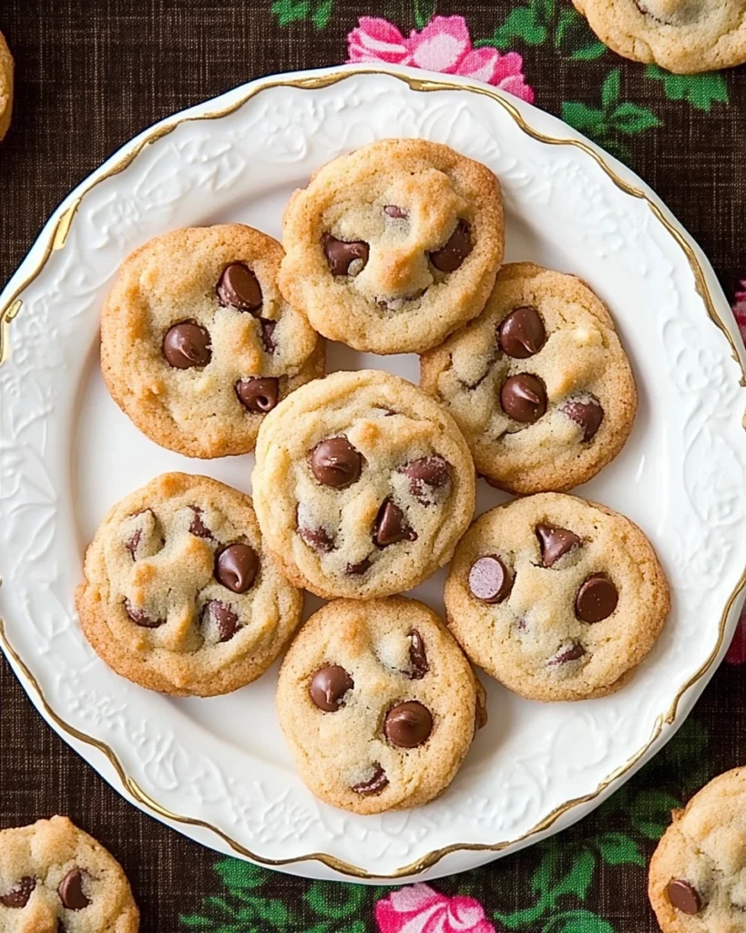 A plate of mini chocolate chip cookies arranged neatly on a wooden table.