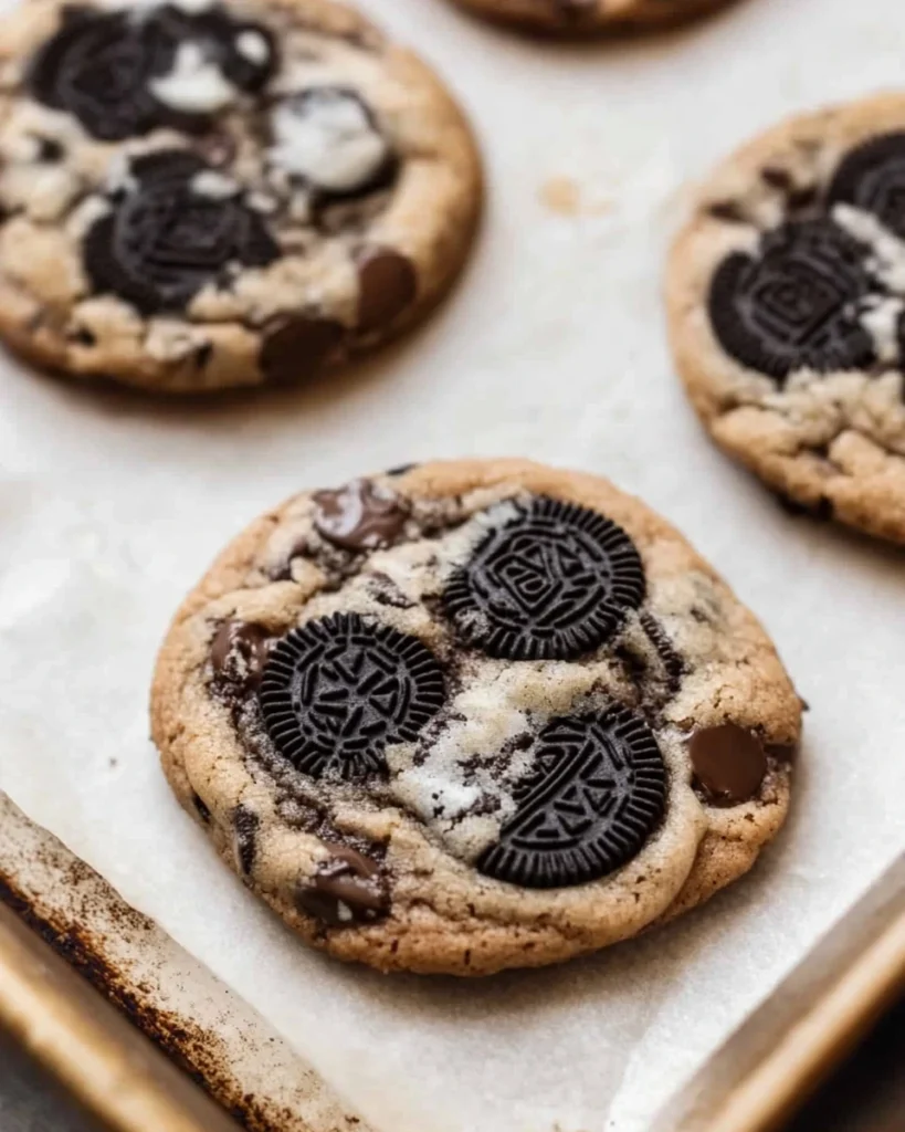 Oreo chocolate chip cookies arranged on a baking sheet, ready for baking.