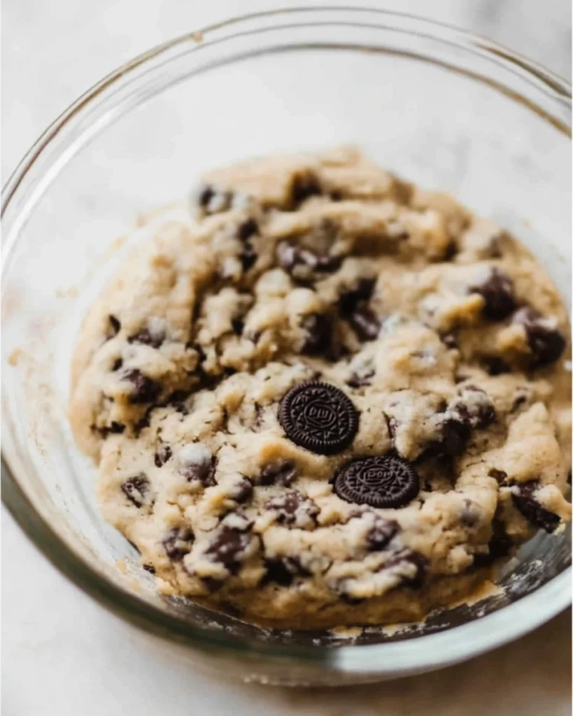 Bowl filled with cookie dough and chocolate chips, ready for making Oreo chocolate chip cookies.