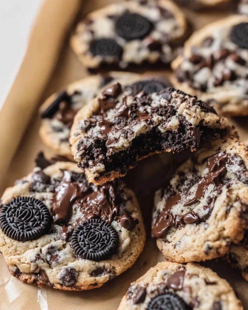 Oreo chocolate chip cookies topped with chocolate chips and crushed Oreo pieces, arranged on a white plate.