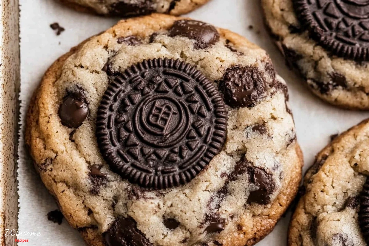 Oreo chocolate chip cookies arranged on a baking sheet, ready for baking.