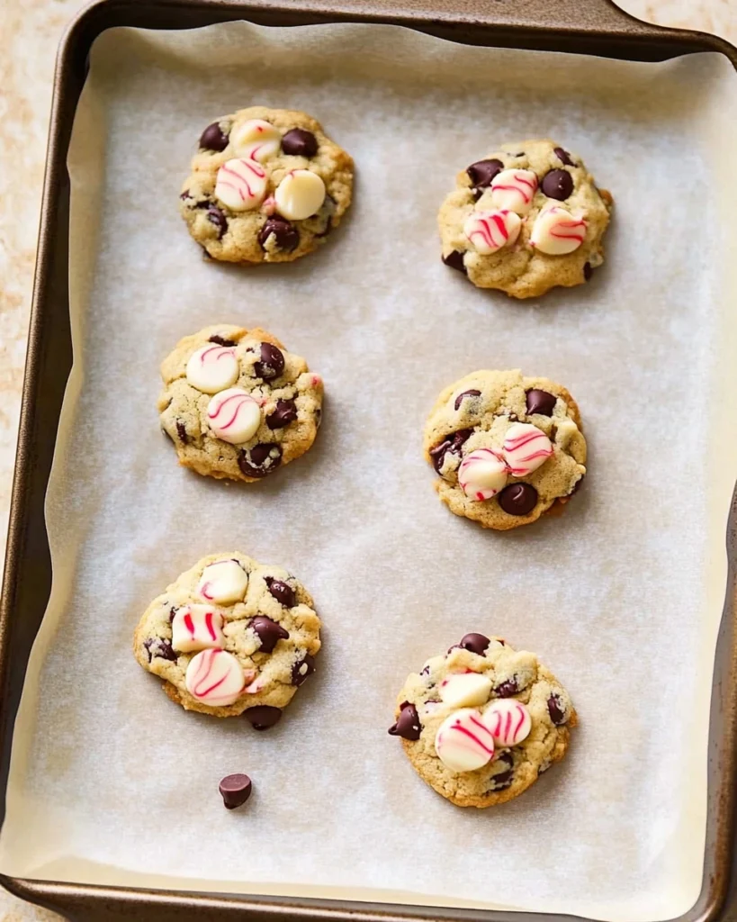 Peppermint chocolate chip cookies arranged on a baking sheet, ready to be baked and enjoyed during the holiday season.