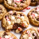 A stack of peppermint chocolate chip cookies, with melted chocolate chips and a hint of peppermint flavor visible.
