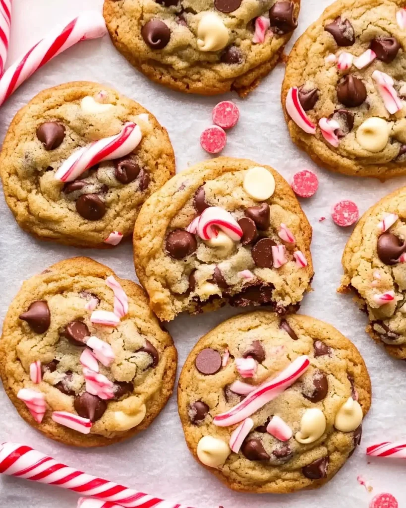 Delicious peppermint chocolate chip cookies with green and white swirls, sprinkled with chocolate chips on a cooling rack.