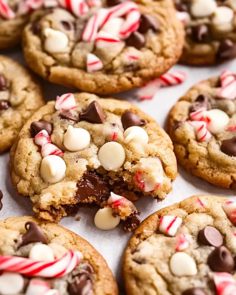 A stack of peppermint chocolate chip cookies, with melted chocolate chips and a hint of peppermint flavor visible.
