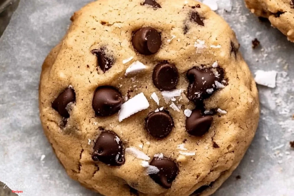 Chocolate chip cookie topped with coconut flakes, showcasing a delicious protein-packed treat.