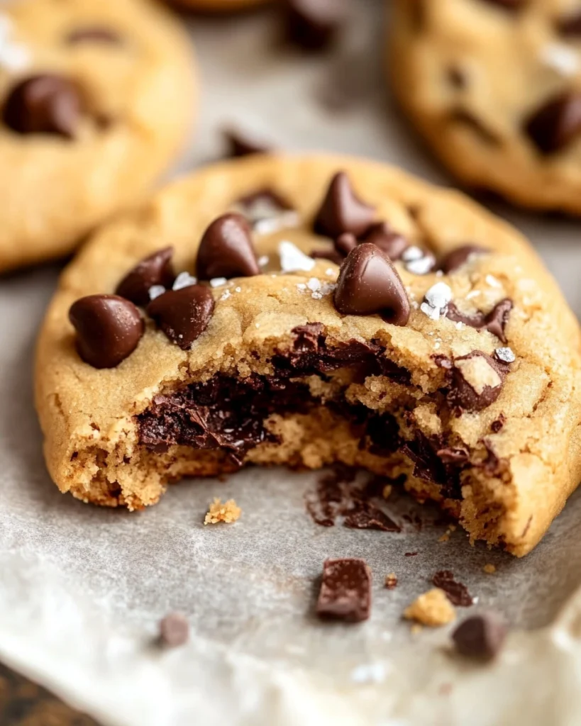 Close-up of a protein chocolate chip cookie with a bite taken out, showcasing its soft texture and chocolate chips.