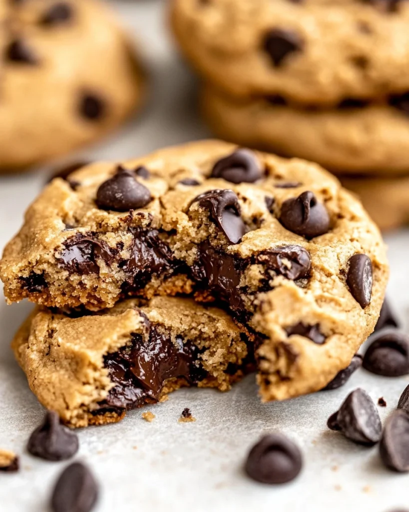 Close-up of a protein chocolate chip cookie with a bite taken out, showcasing its chewy texture and chocolate chunks.